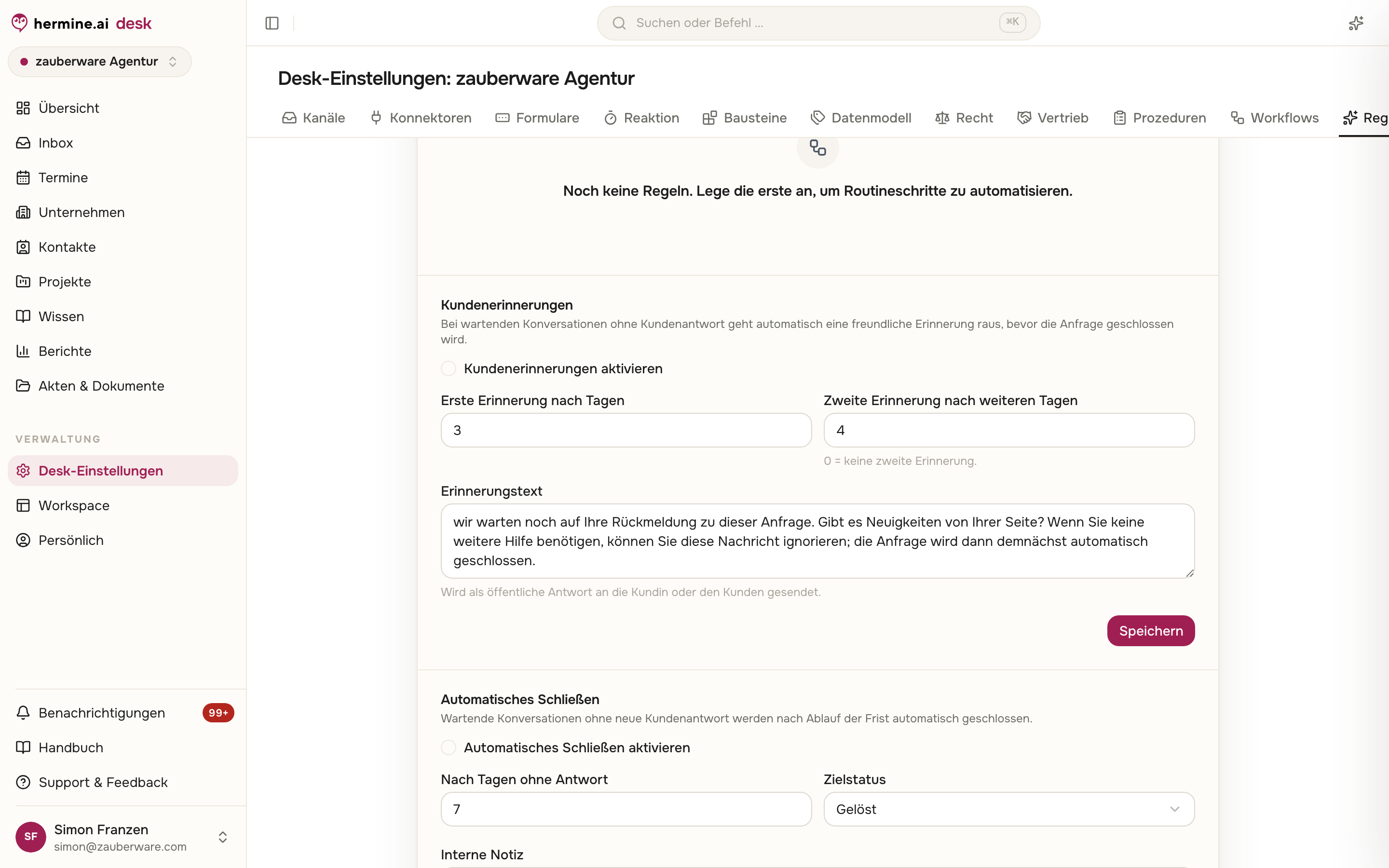 Die Karte Kundenerinnerungen in den Regeln-Einstellungen mit den beiden Fristen und dem Erinnerungstext