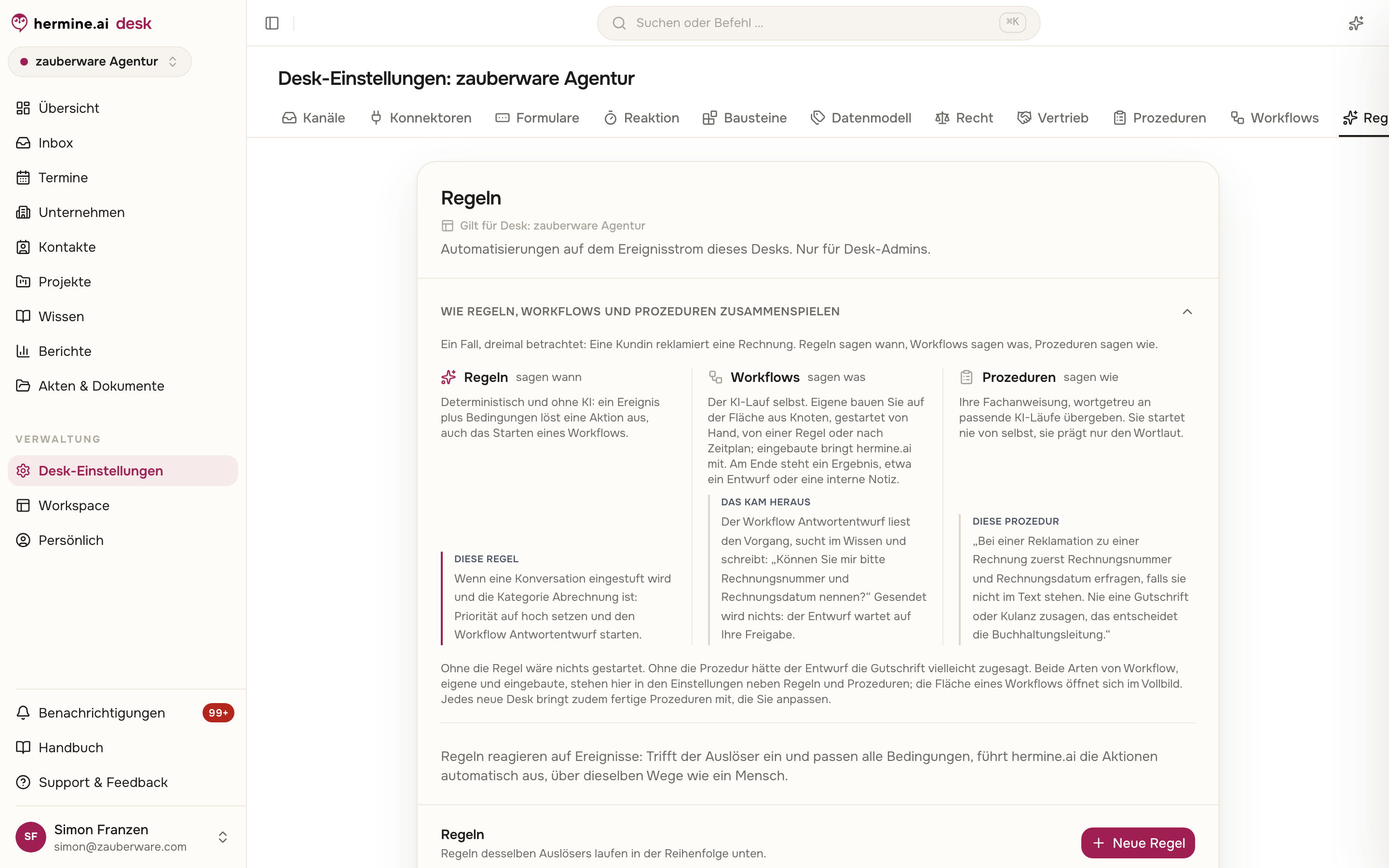 Regeln-Einstellungen mit Erklärkarte zu Regeln, Skills und Prozeduren, leerer Regelliste und automatischem Schließen