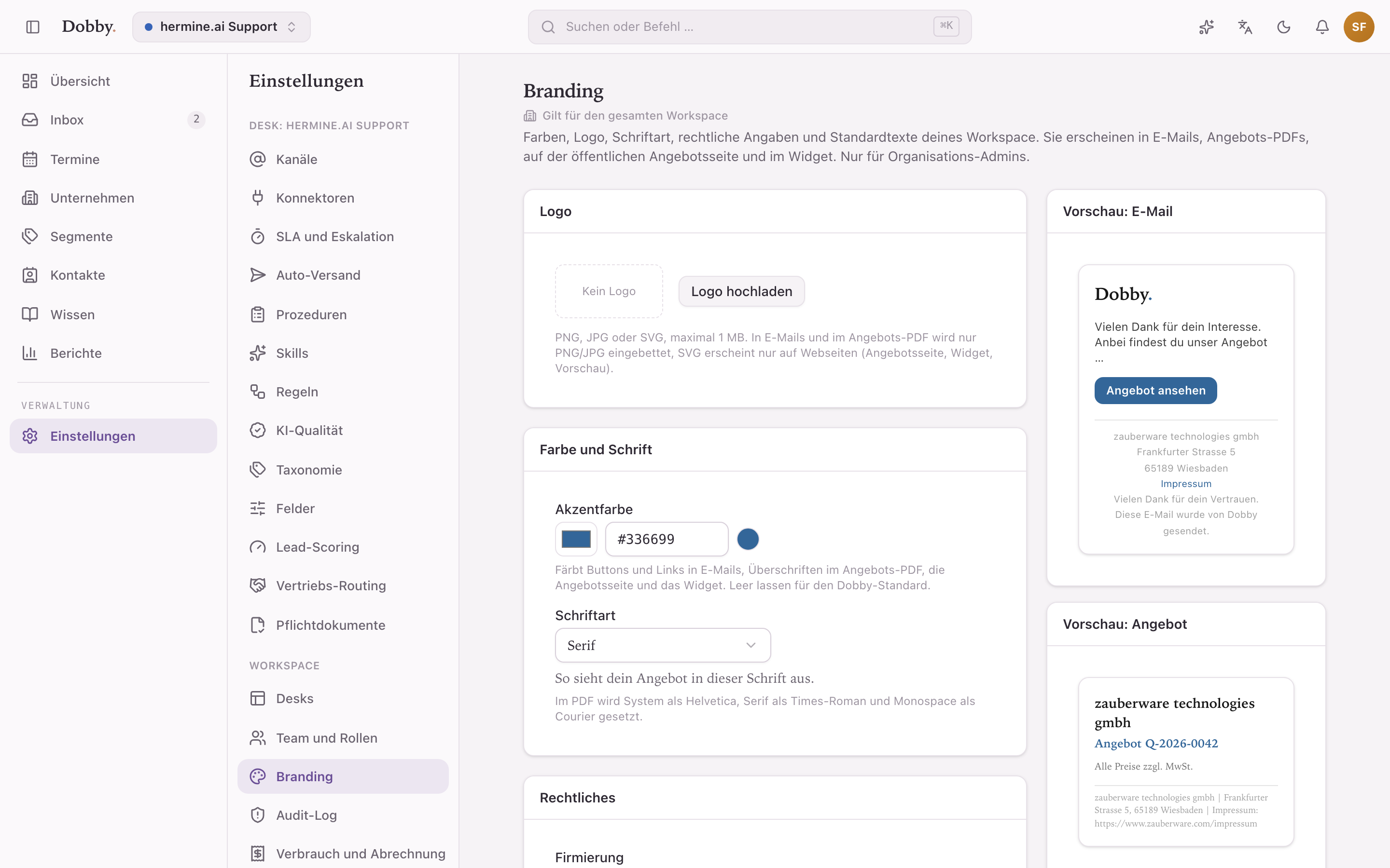Branding-Einstellungen mit Logo, Akzentfarbe, Schriftart und Live-Vorschau von E-Mail und Angebot