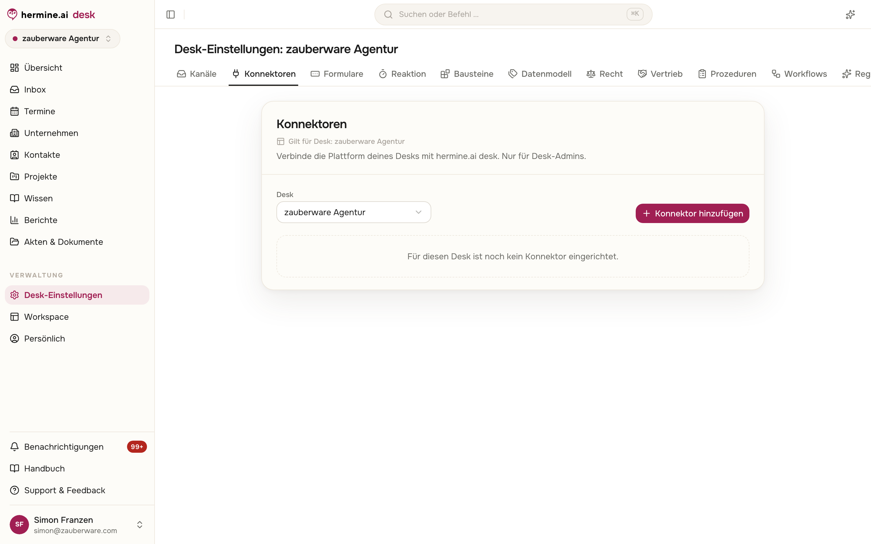 Konnektoren-Einstellungen mit Desk-Auswahl, Button Konnektor hinzufügen und leerem Zustand
