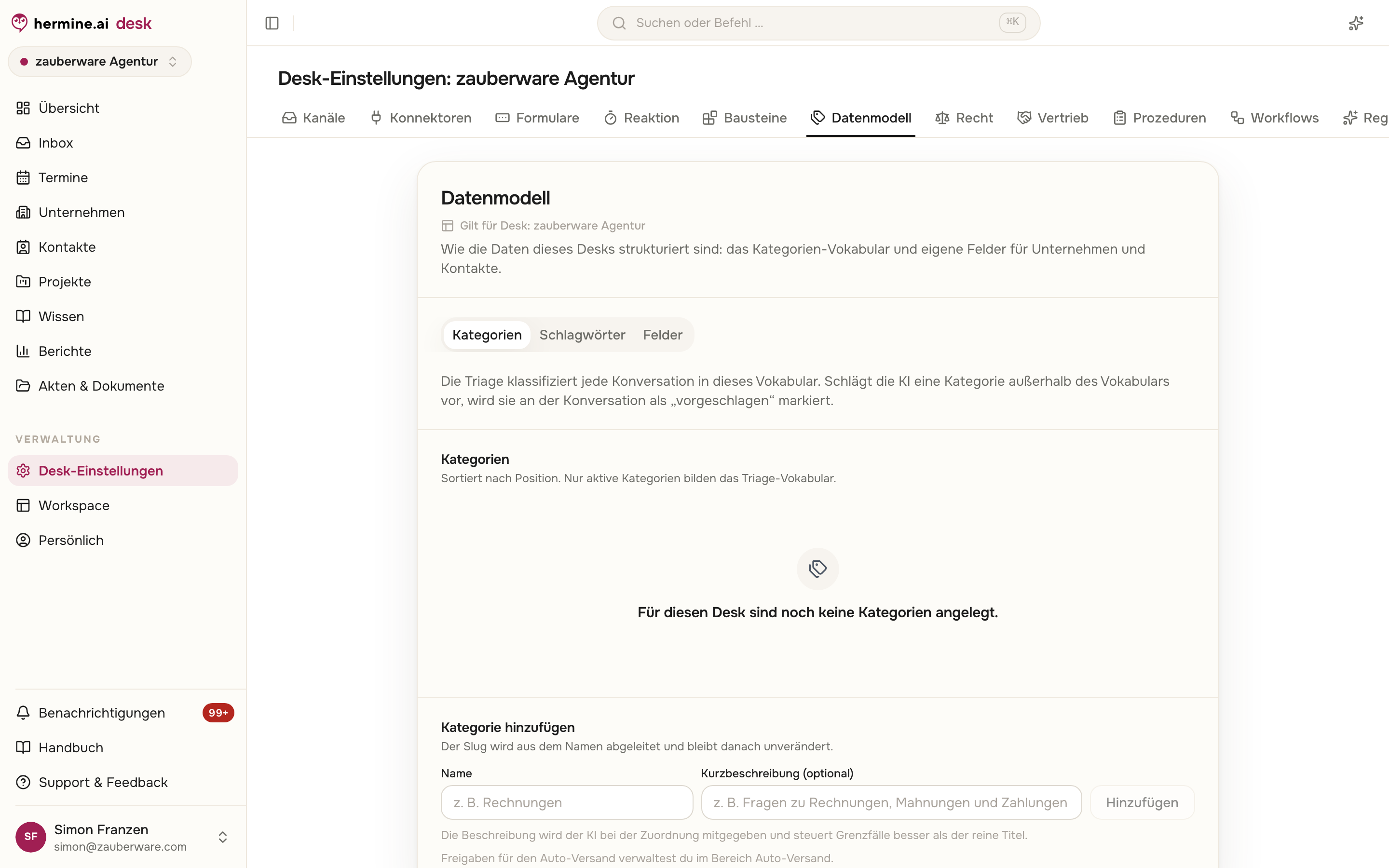 Taxonomie-Einstellungen mit Kategorienliste und Formular Kategorie hinzufügen