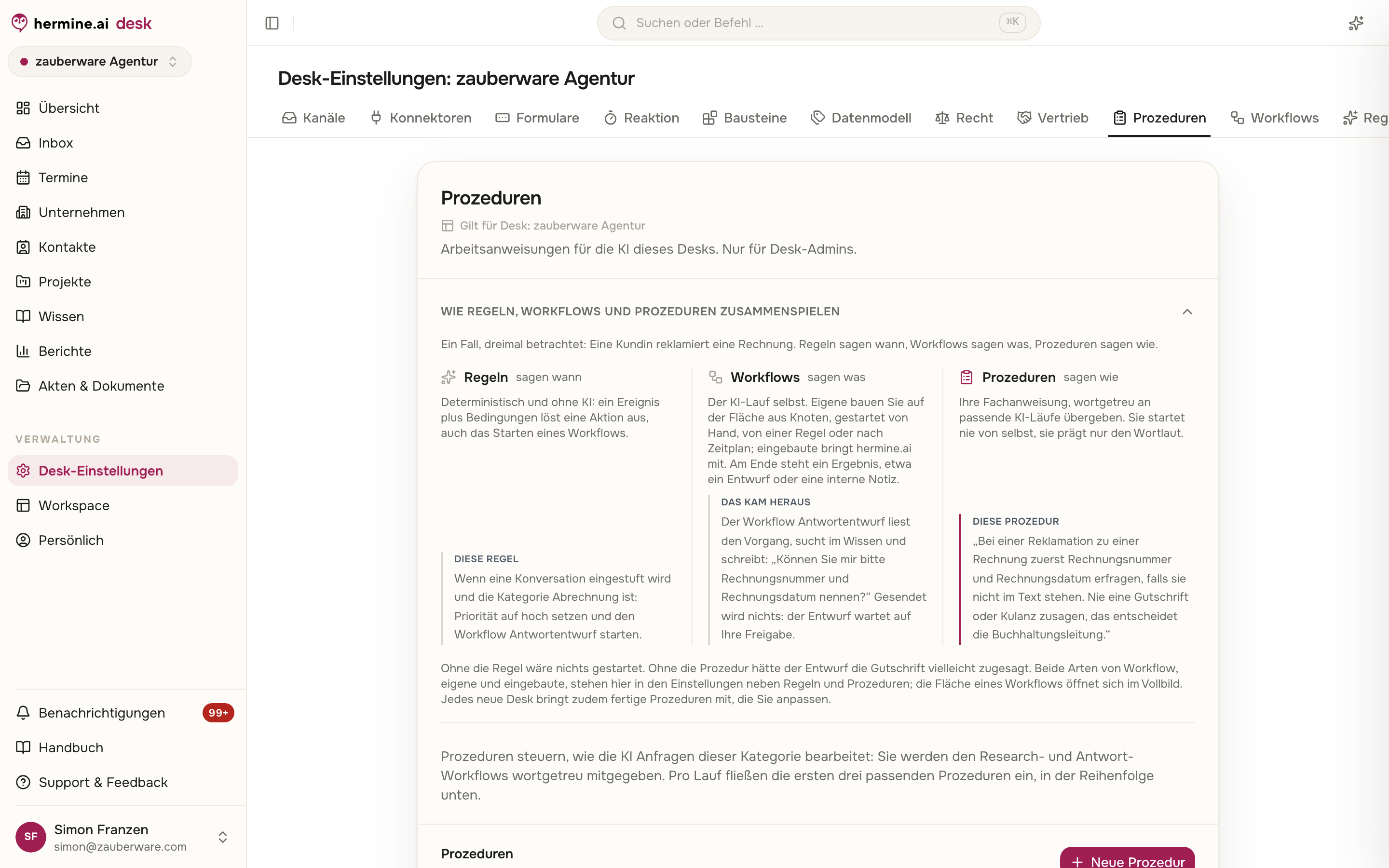 Prozeduren-Einstellungen mit Erklärkarte zu Regeln, Workflows und Prozeduren und leerer Prozedurenliste