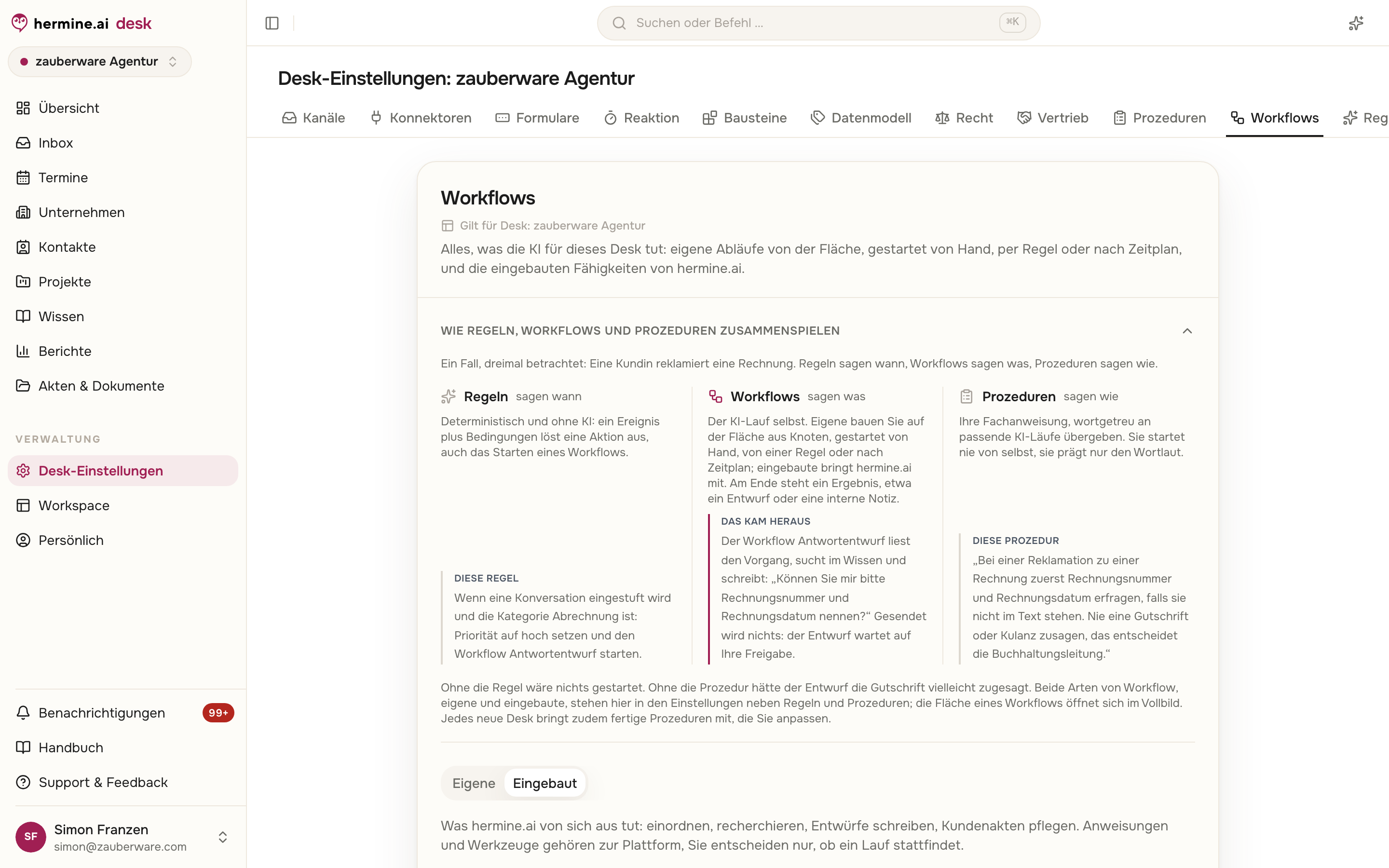 Workflows-Oberfläche mit den Reitern Eigene, Automatisch und Eingebaut
