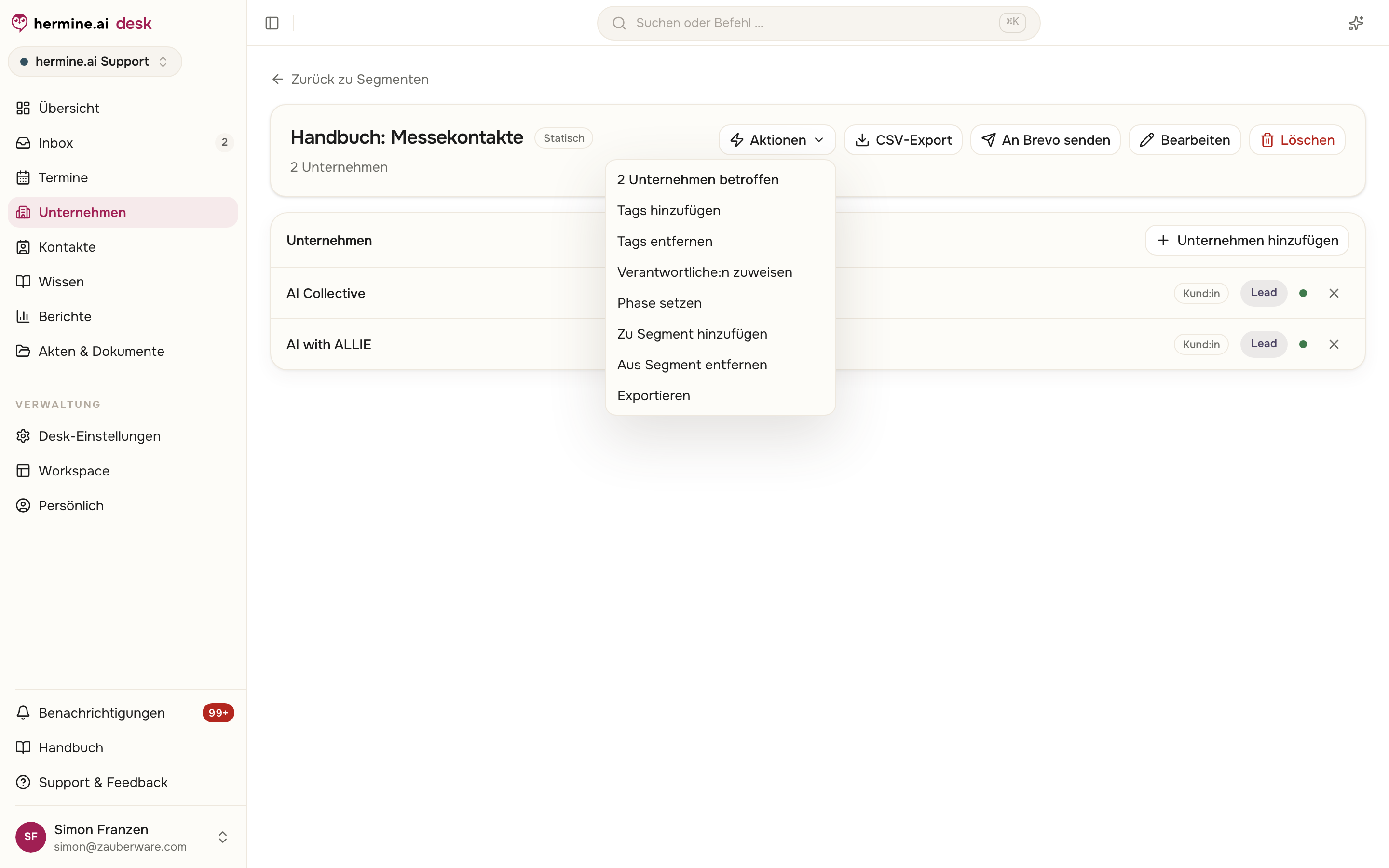 Segment-Detailansicht mit geöffnetem Aktionen-Menü: Tags, Verantwortliche:r, Phase, Segment-Zuordnung und Export für alle Mitglieder