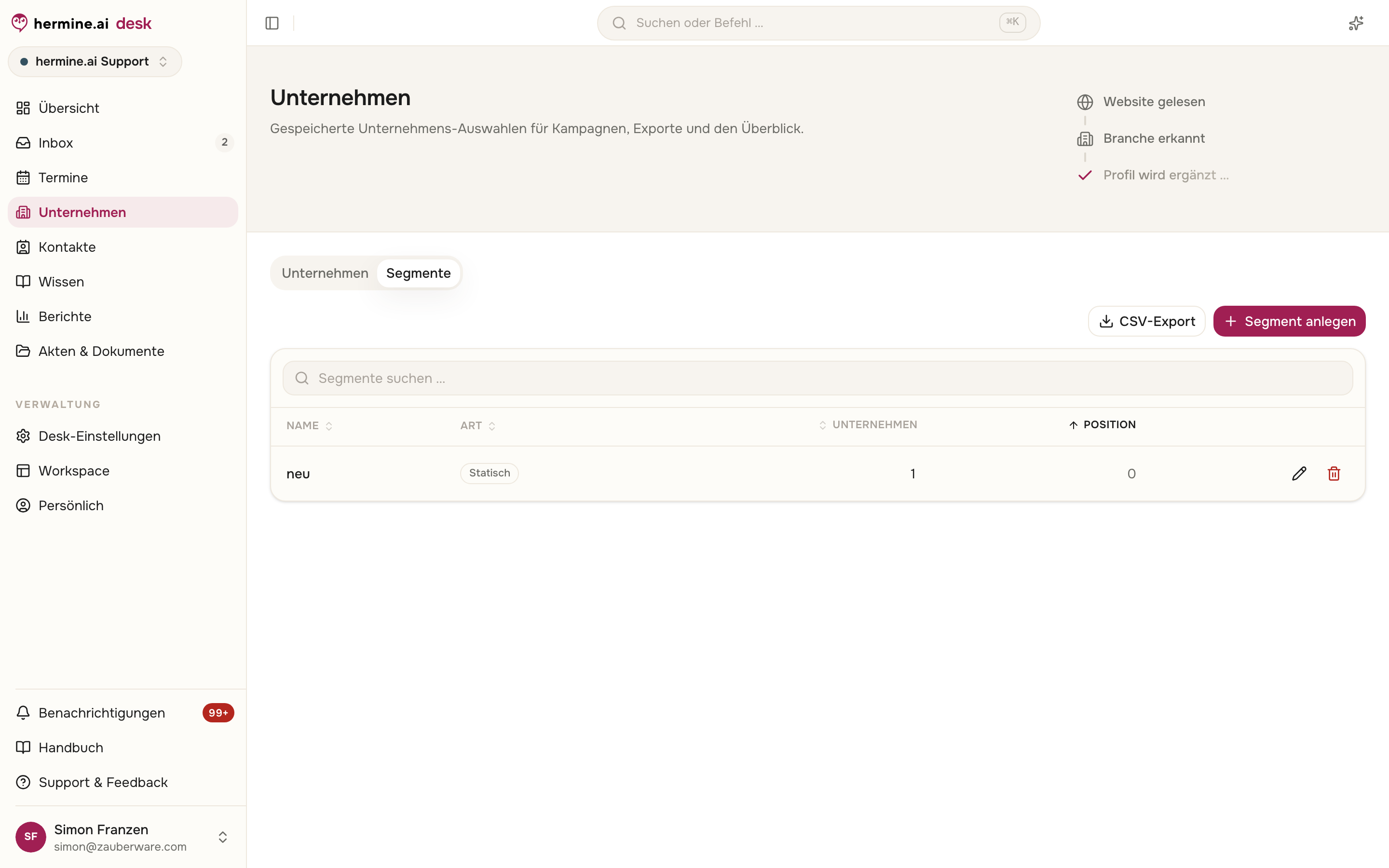 Segmentliste mit Suche, Spalten für Name, Art, Unternehmen und Position sowie den Buttons CSV-Export und Segment anlegen