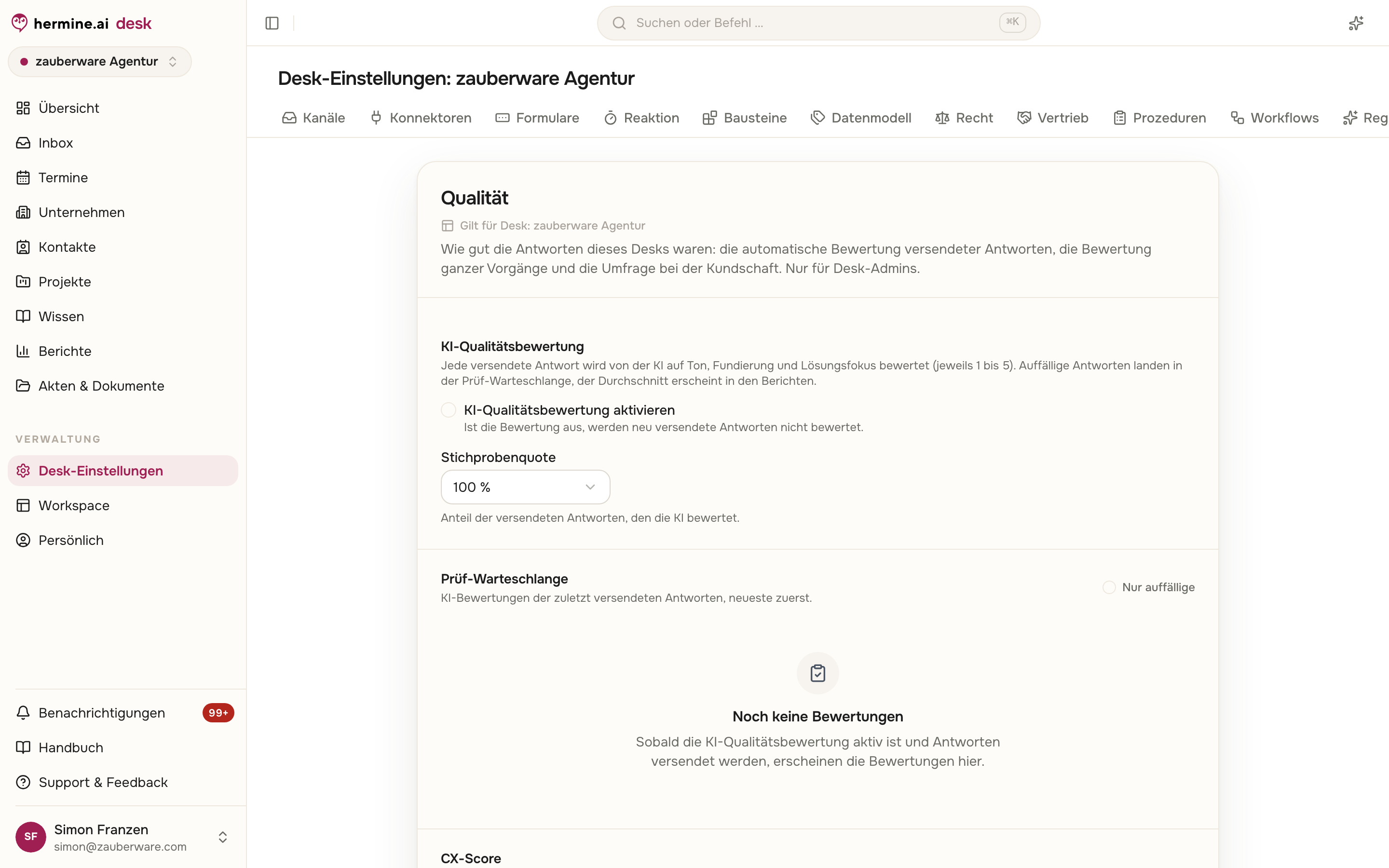 KI-Qualität mit Aktivierungsschalter, Stichprobenquote und leerer Prüf-Warteschlange