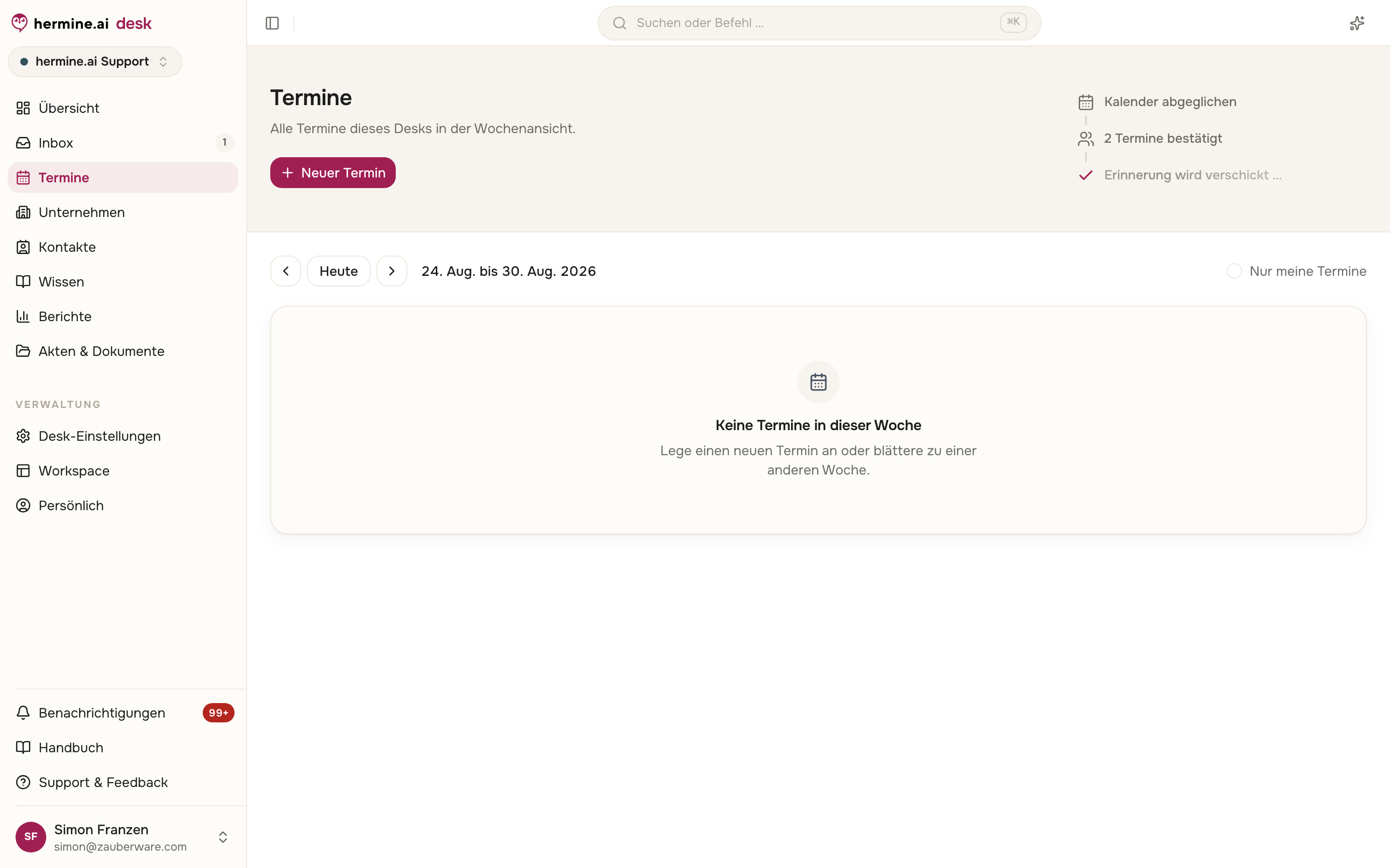 Termine-Ansicht mit Wochennavigation, dem Haken Nur meine Termine und dem Button Neuer Termin, hier mit leerer Woche