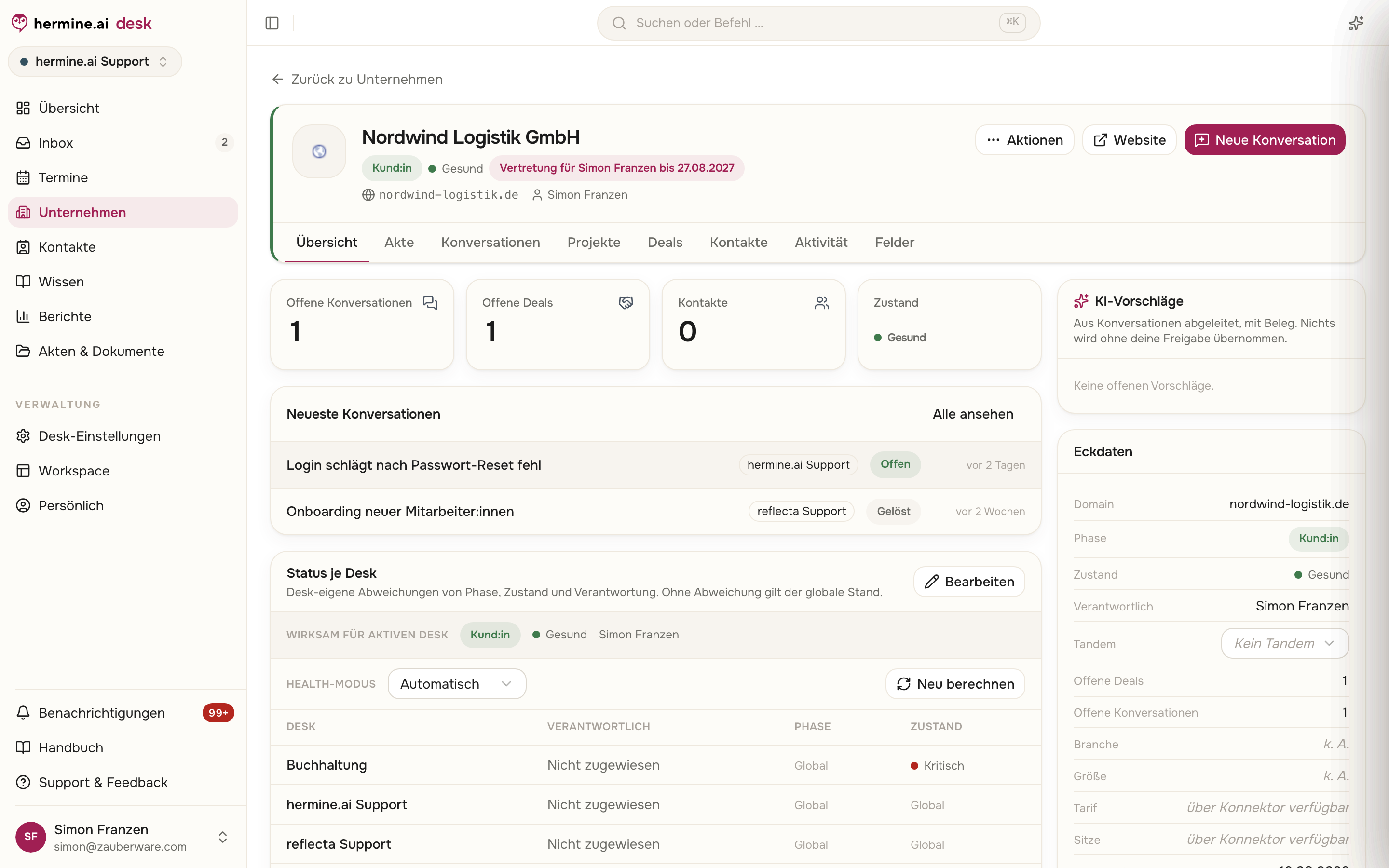 360°-Akte eines Unternehmens mit Kopfaktionen, Tabs, Kennzahlen, Status je Desk, Konzernstruktur und Eckdaten-Leiste rechts
