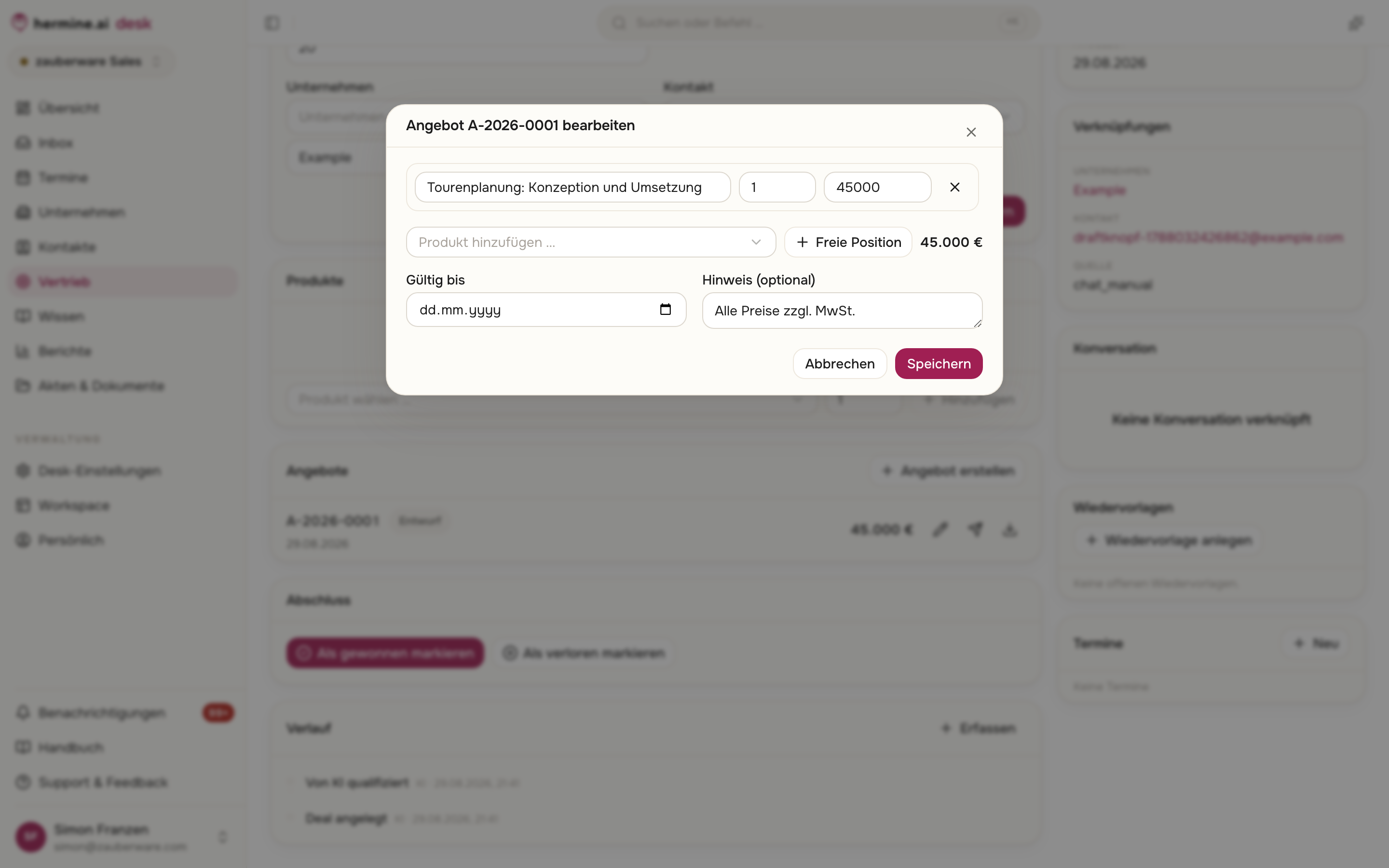 Dialog Angebot bearbeiten mit Positionszeilen aus Bezeichnung, Menge und Einzelpreis, Produktauswahl, Freie Position, Gültig bis und Hinweis