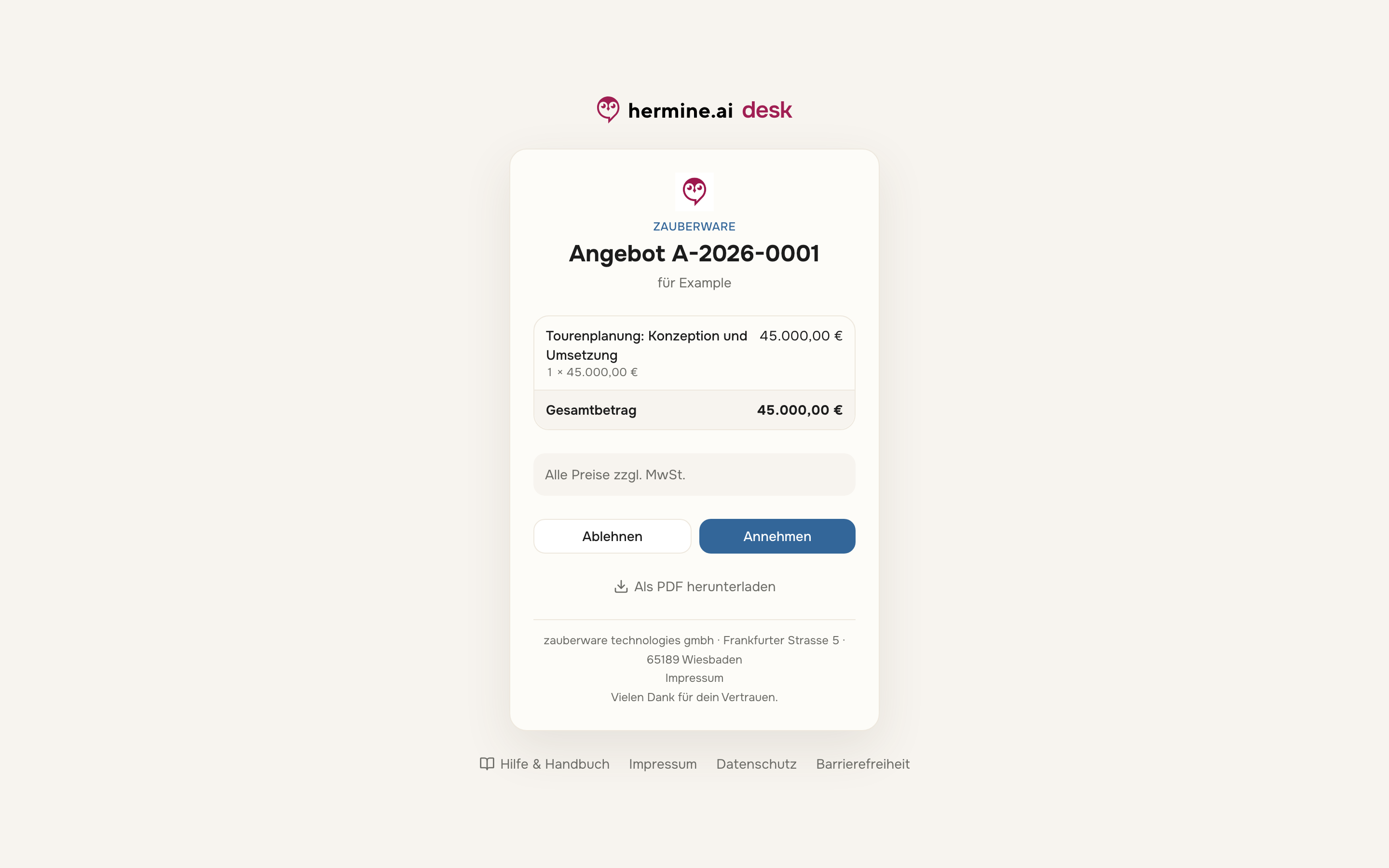 Öffentliche Angebotsseite mit Positionen, Gesamtbetrag, PDF-Download sowie den Buttons Annehmen und Ablehnen