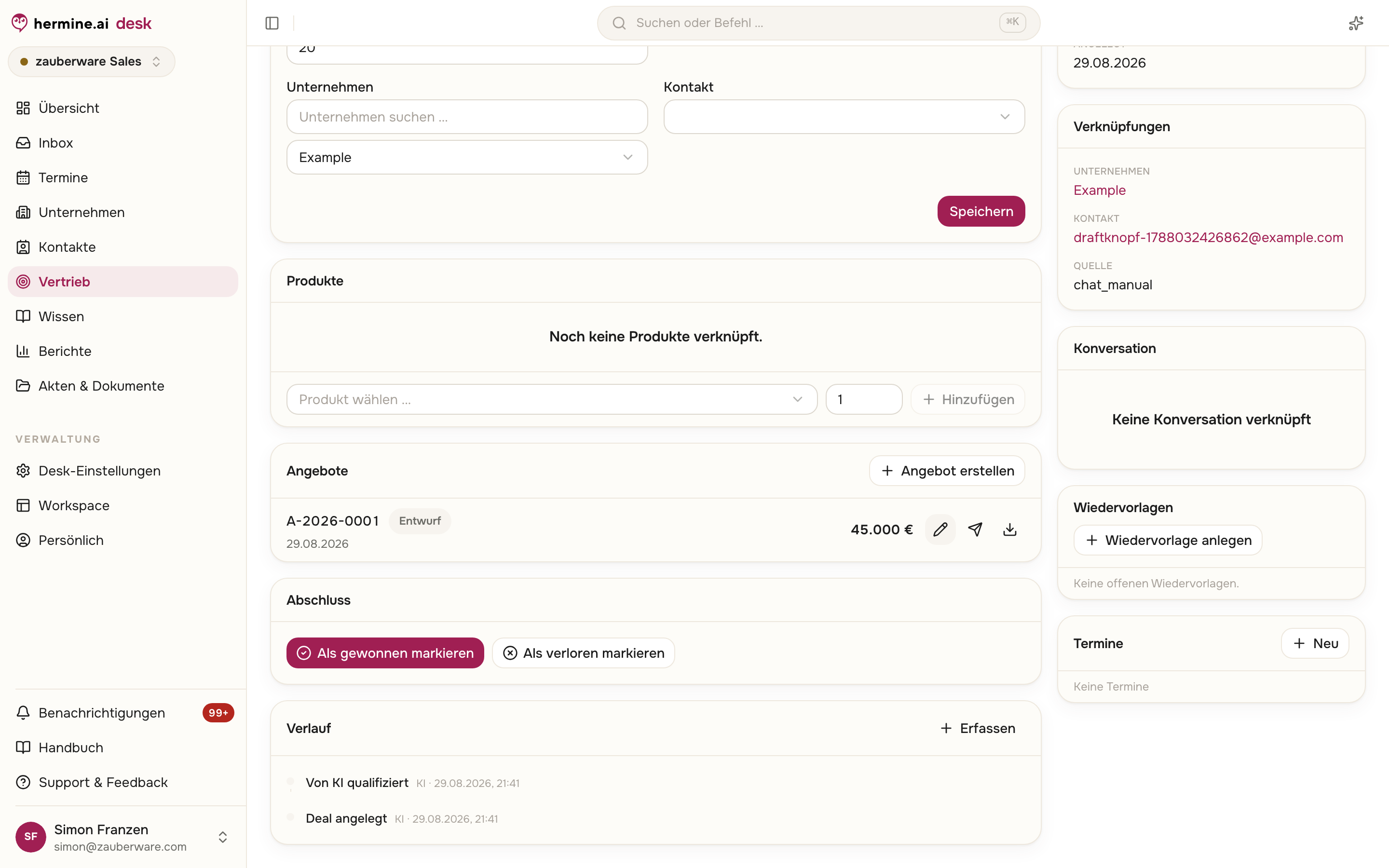 Karte Angebote im Deal-Detail mit einem Angebot im Status Entwurf, Gesamtbetrag und den Aktionen Bearbeiten, Versenden, Link kopieren und PDF
