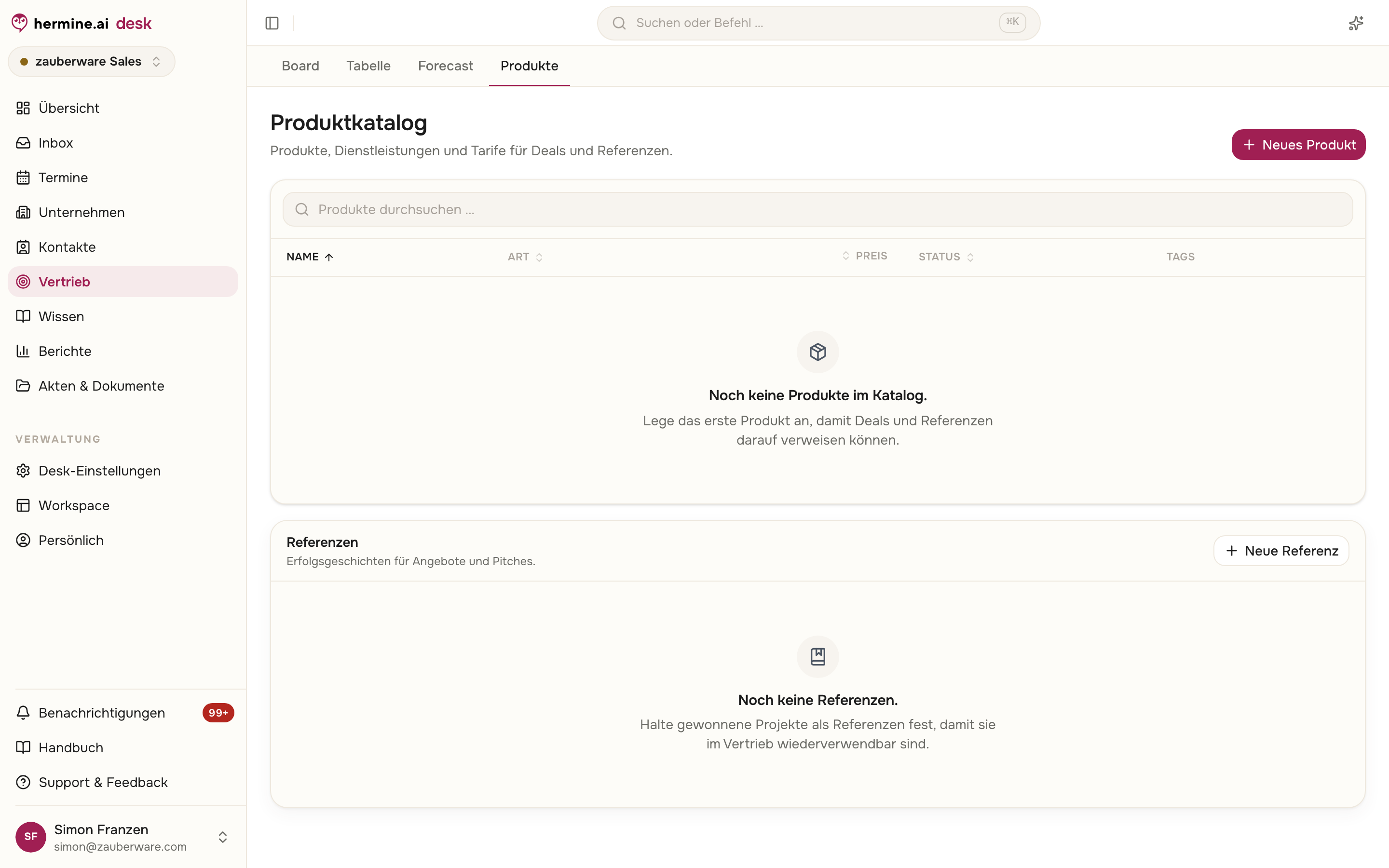 Tab Produkte mit leerem Produktkatalog, Suchfeld und dem Bereich Referenzen mit dem Button Neue Referenz