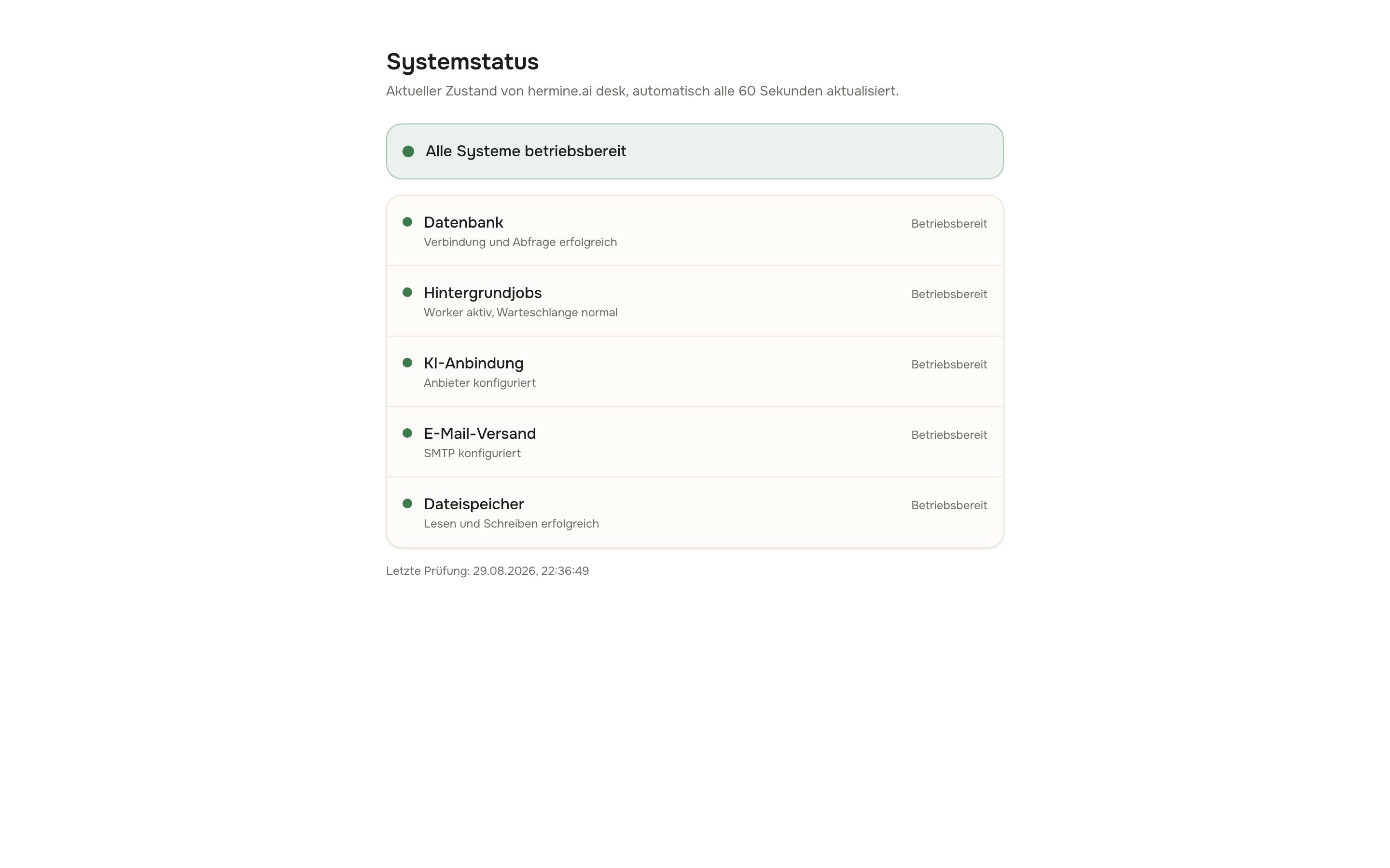 Öffentliche Status-Seite mit Banner Alle Systeme betriebsbereit, der Komponentenliste und dem Zeitpunkt der letzten Prüfung