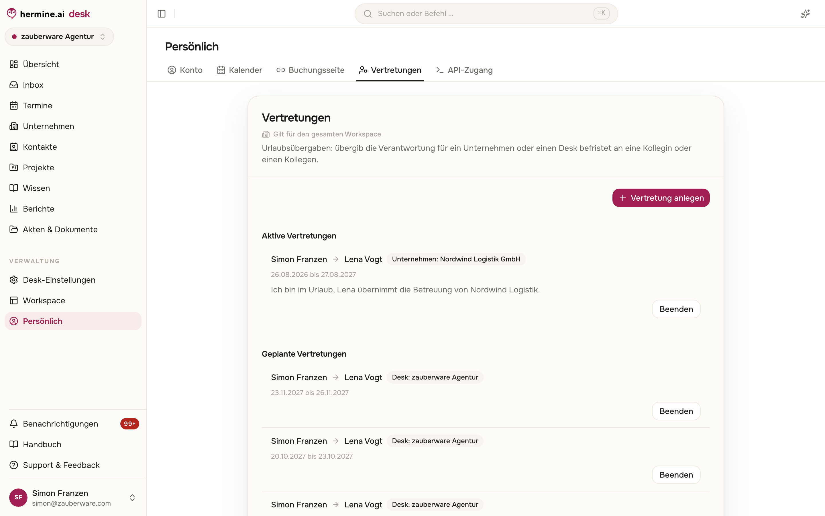 Vertretungen mit aktiver Vertretung inklusive Übergabenotiz und geplanten Vertretungen